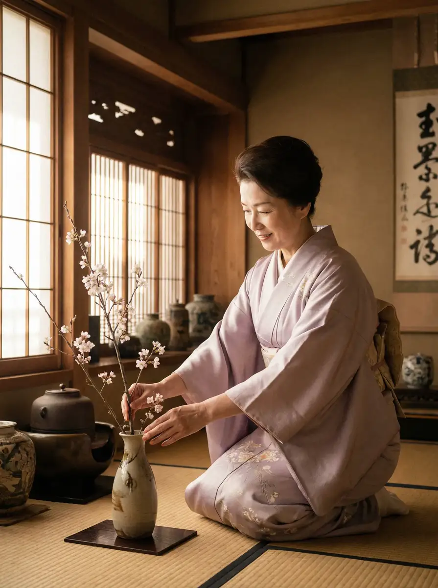 一位优雅的 草榴视频 在和室中插花